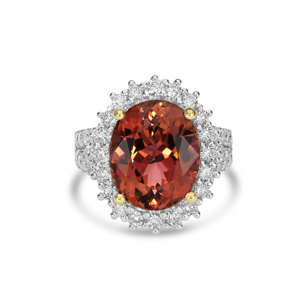 9.38 Cts Rubellite and White Diamond Ring in 18K Two Tone
