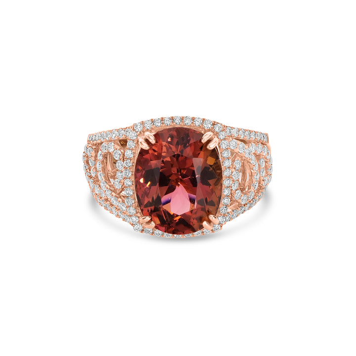 6.39 Cts Red Tourmaline and White Diamond Ring in 14K Rose Gold