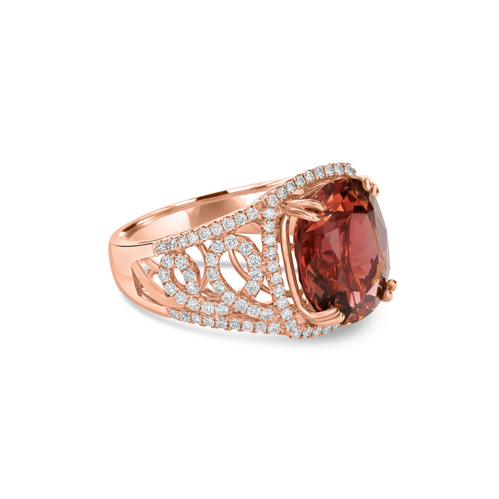 6.39 Cts Red Tourmaline and White Diamond Ring in 14K Rose Gold