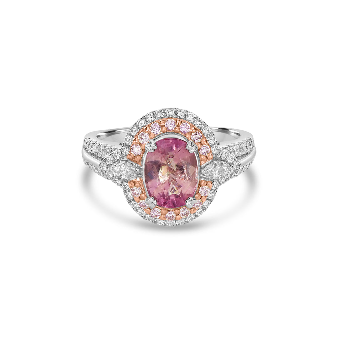 2.23 Cts Padparadscha Sapphire and White Diamond Ring in 18K Two Tone