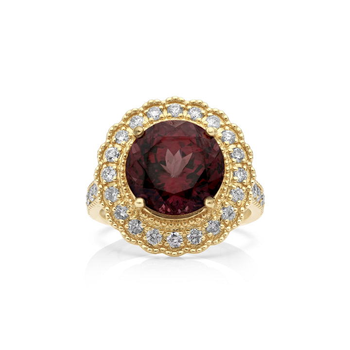 7.4 Cts Rhodolite and White Diamond Ring in 14K Yellow Gold