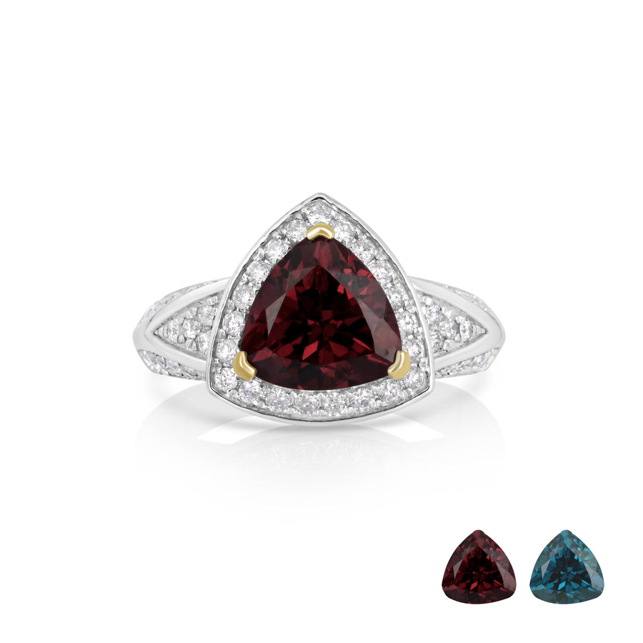 4.05 Cts Color Change Garnet and White Diamond Ring in 14K Two Tone