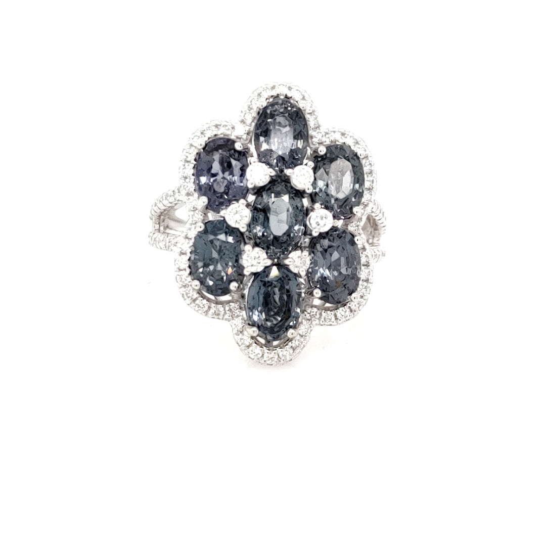 7.25 Cts Grey Spinel and White Diamond Ring in 14K White Gold