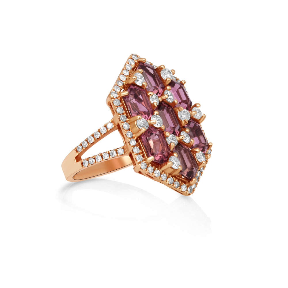 4.67 Cts Rubellite and White Diamond Ring in 14K Rose Gold