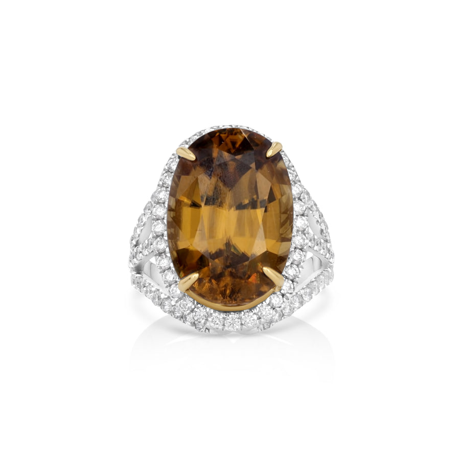 22.4 Cts Yellow Zircon and White Diamond Ring in 14K Two Tone
