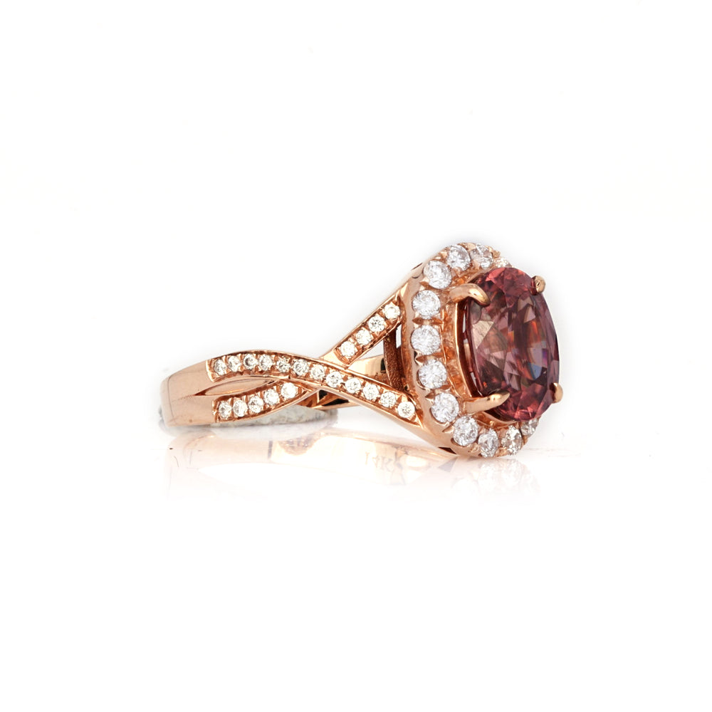 3.13 Cts Red Zircon and White Diamond Ring in 14K Rose Gold