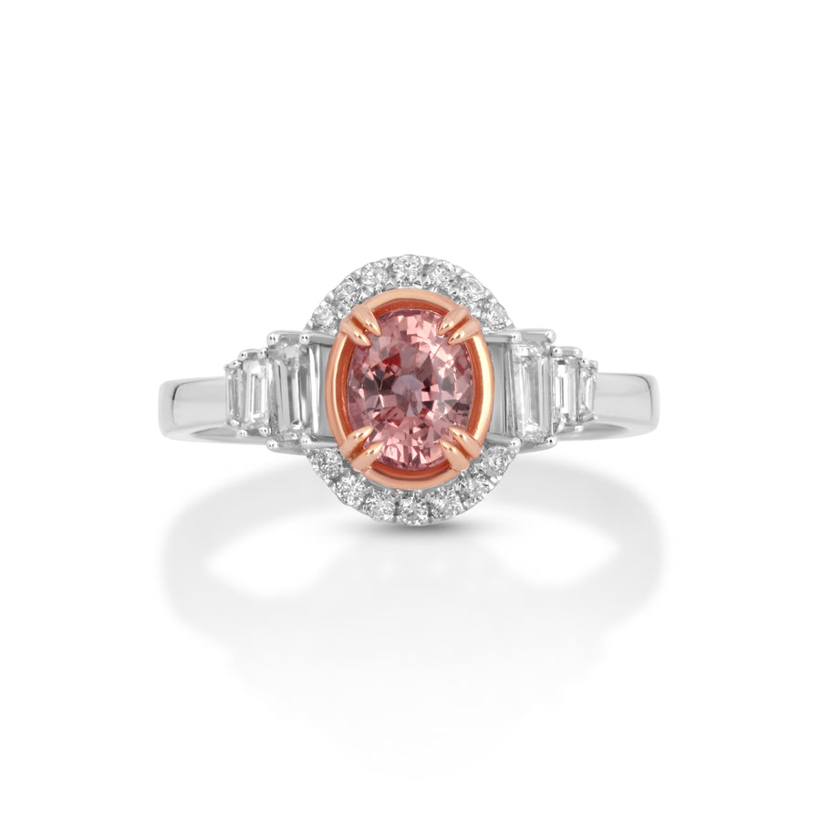 1.24 Cts Padparadscha Sapphire and White Diamond Ring in 18K Two Tone