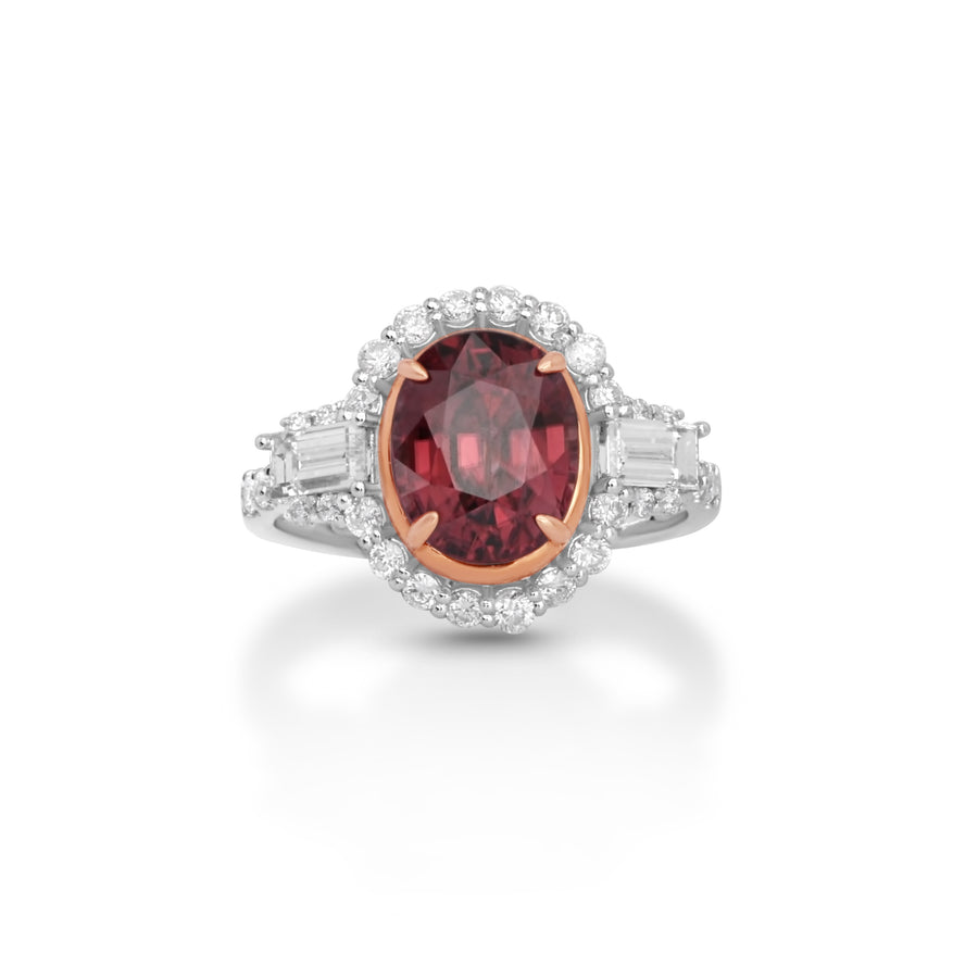 4.9 Cts Red Zircon and White Diamond Ring in 14K Two Tone