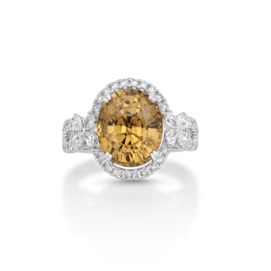 9.35 Cts Yellow Zircon and White Diamond Ring in 18K White Gold