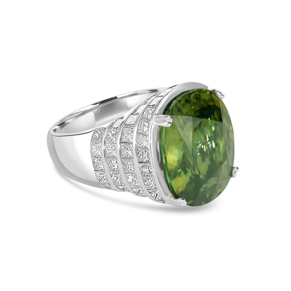16.82 Cts Sphene and White Diamond Ring in 18K White Gold