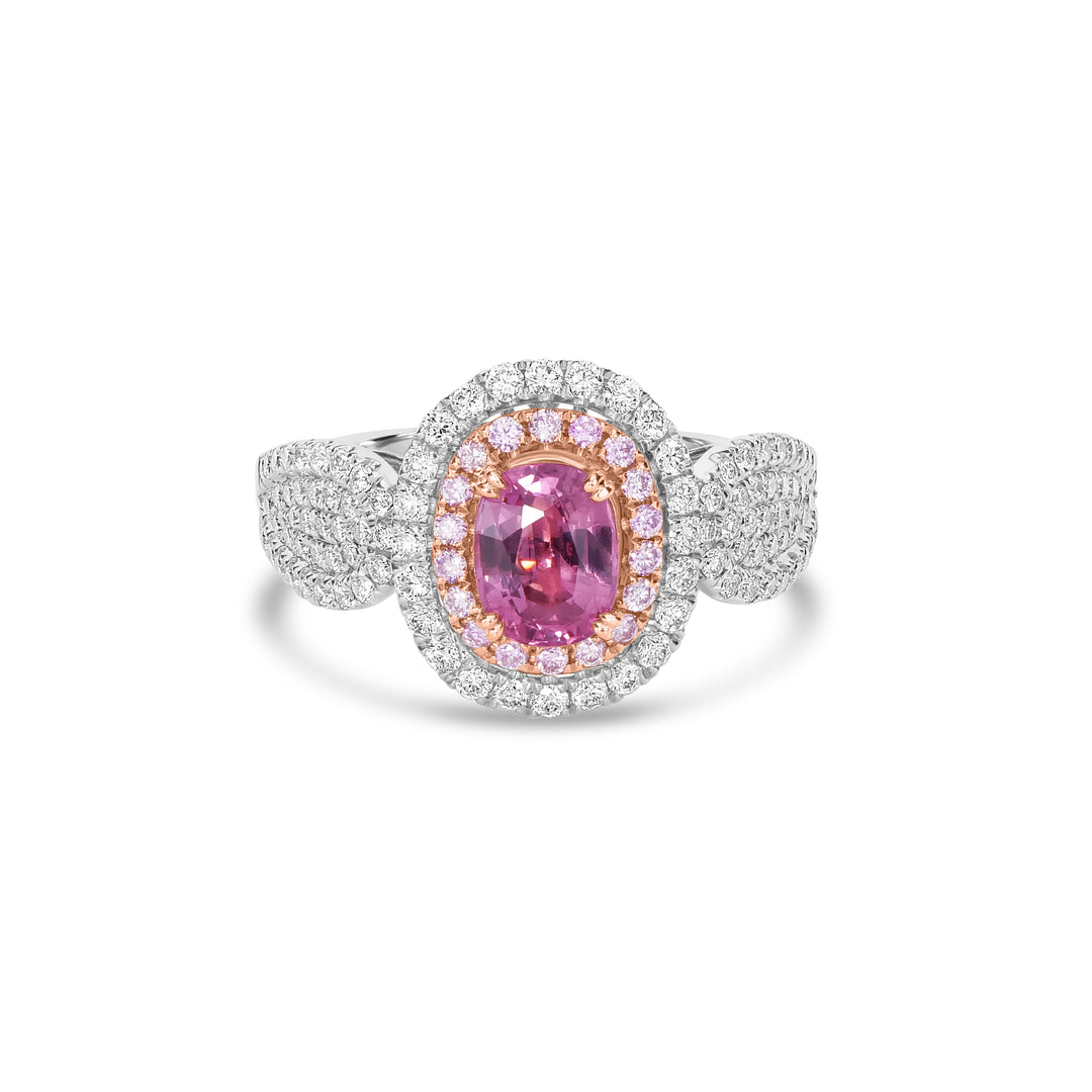 1.42 Cts Padparadscha Sapphire and White Diamond Ring in 18K Two Tone