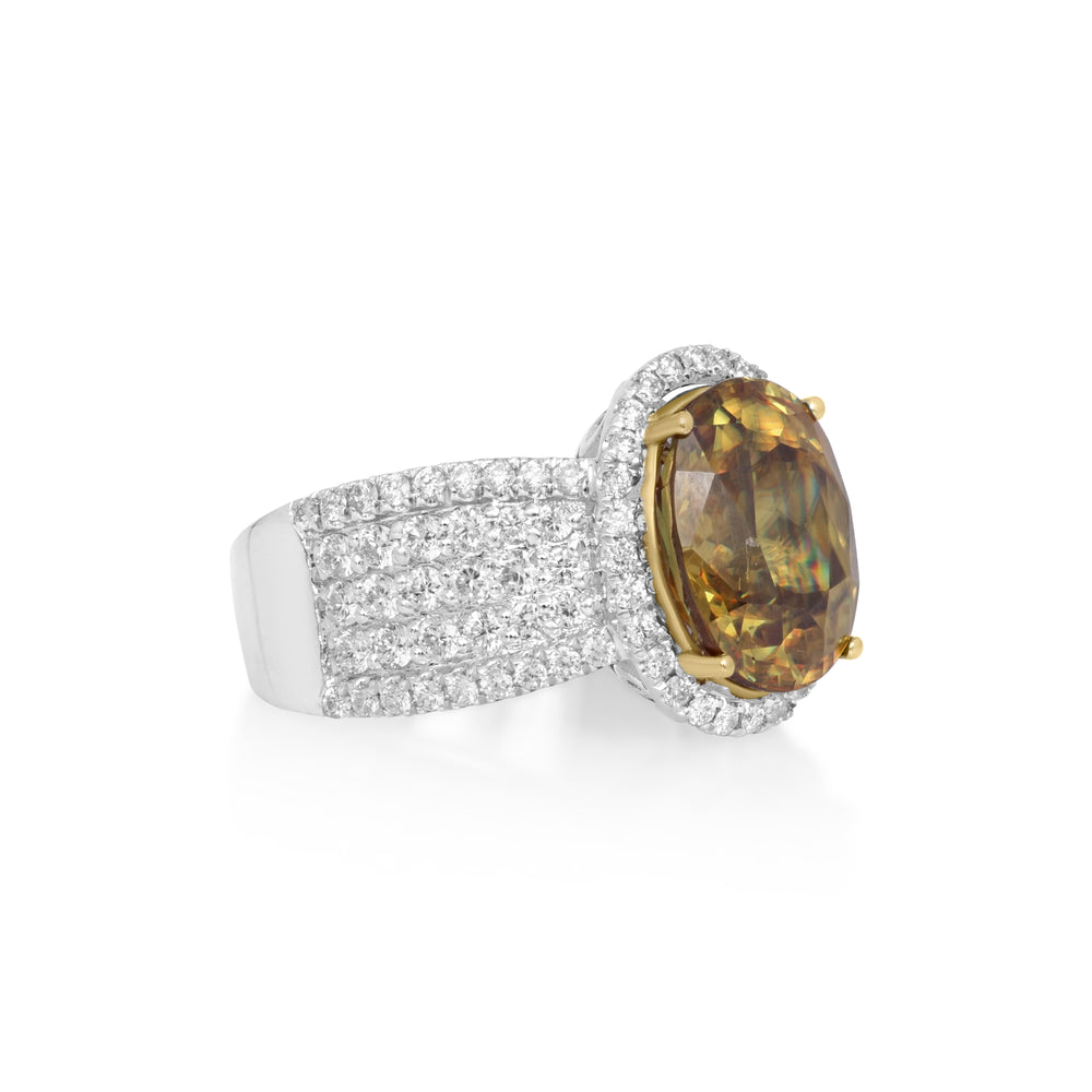 6.45 Cts Sphene and White Diamond Ring in 14K Two Tone