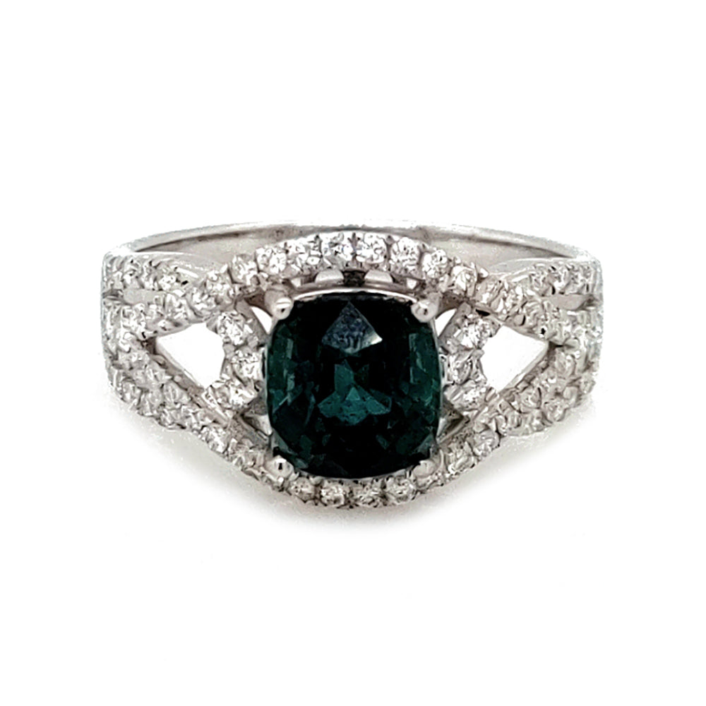 1.96 Cts Indicolite Tourmaline and White Diamond Ring in 14K White Gold