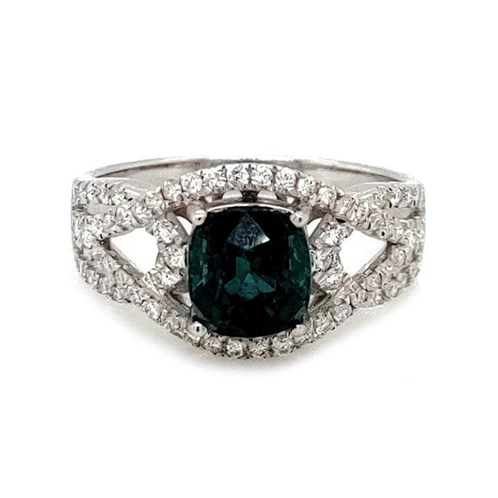 1.96 Cts Indicolite Tourmaline and White Diamond Ring in 14K White Gold