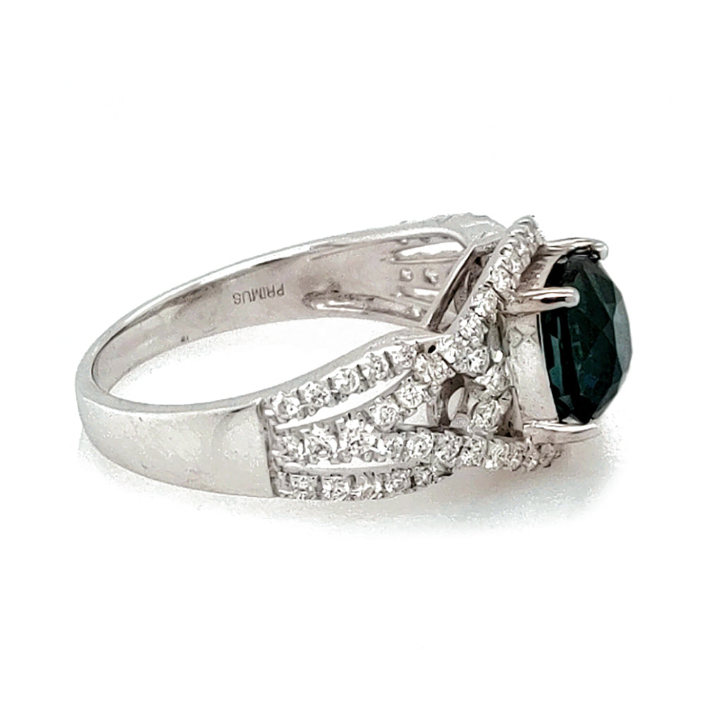1.96 Cts Indicolite Tourmaline and White Diamond Ring in 14K White Gold