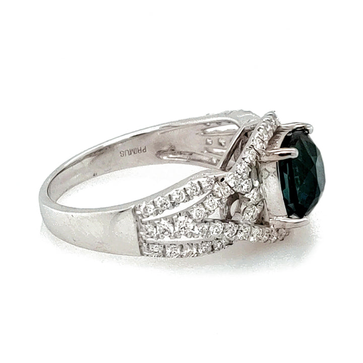 1.96 Cts Indicolite Tourmaline and White Diamond Ring in 14K White Gold