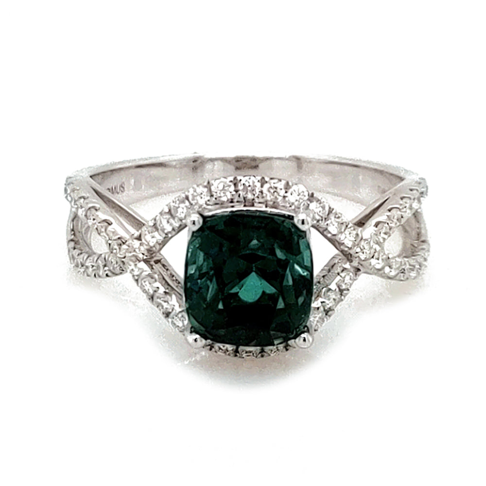2.17 Cts Indicolite Tourmaline and White Diamond Ring in 14K White Gold