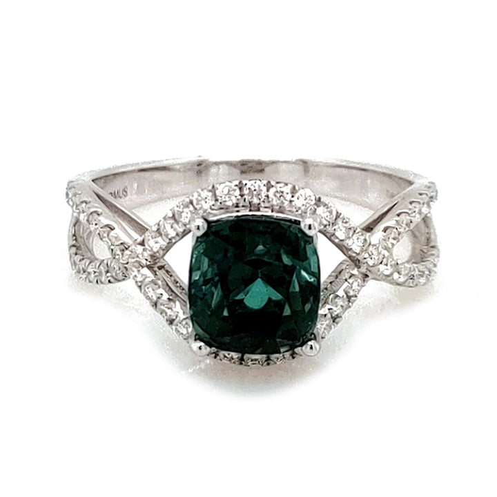 2.17 Cts Indicolite Tourmaline and White Diamond Ring in 14K White Gold