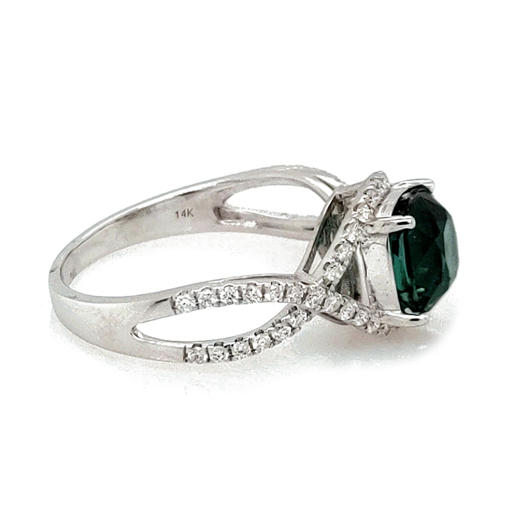 2.17 Cts Indicolite Tourmaline and White Diamond Ring in 14K White Gold