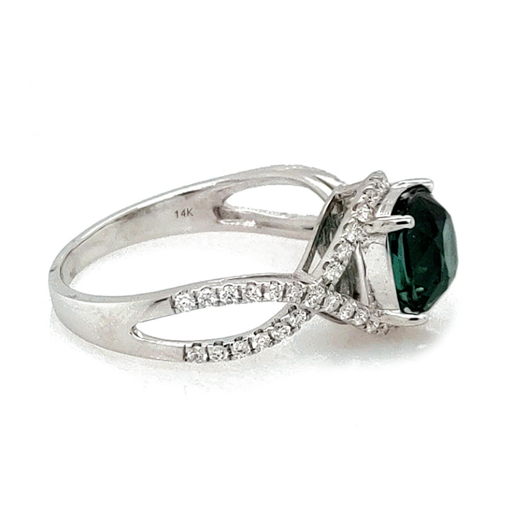 2.17 Cts Indicolite Tourmaline and White Diamond Ring in 14K White Gold