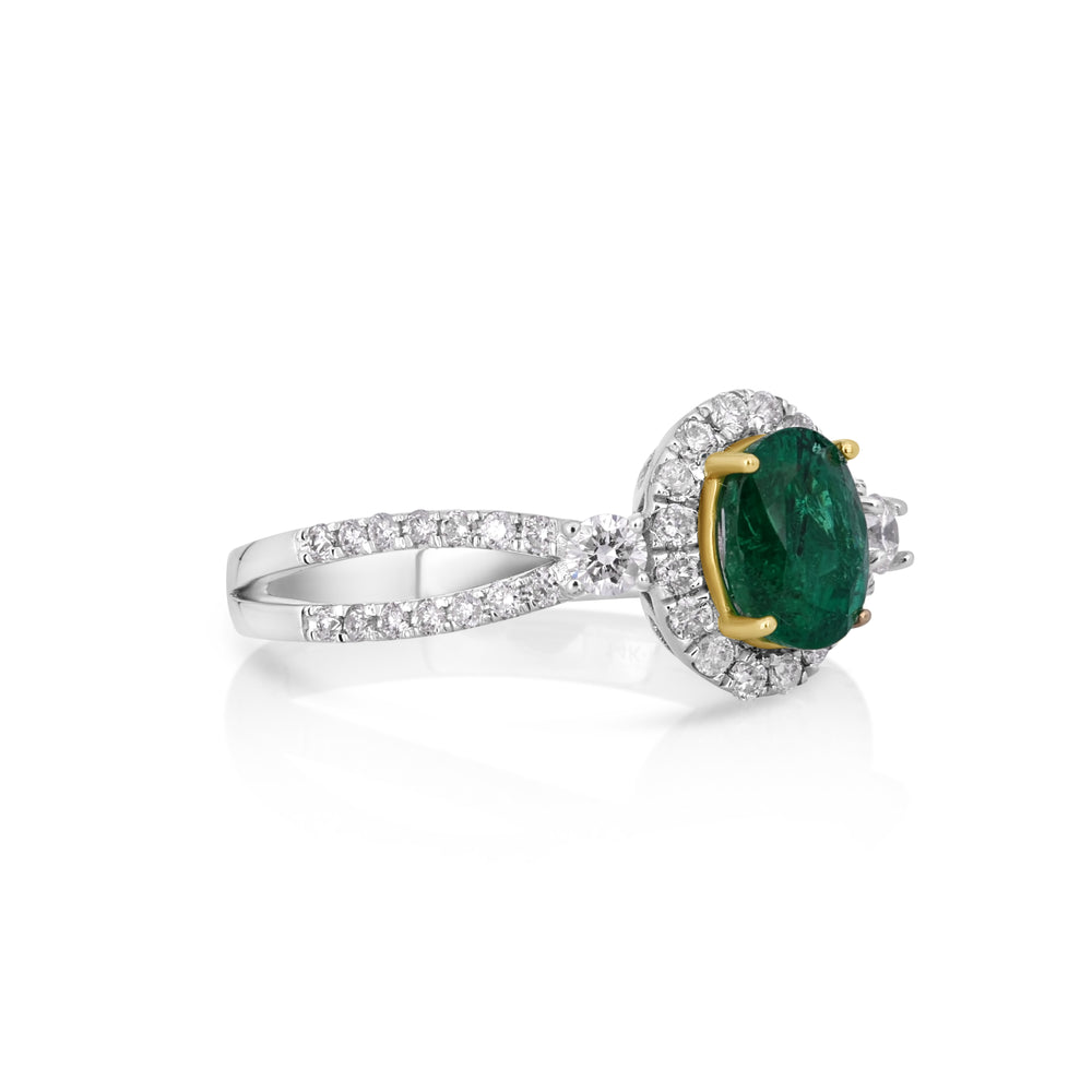 1.11 Cts Emerald and White Diamond Ring in 14K Two Tone