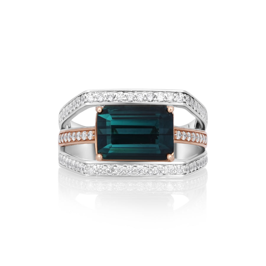 4.9 Cts Green Tourmaline and White Diamond Ring in 14K Two Tone