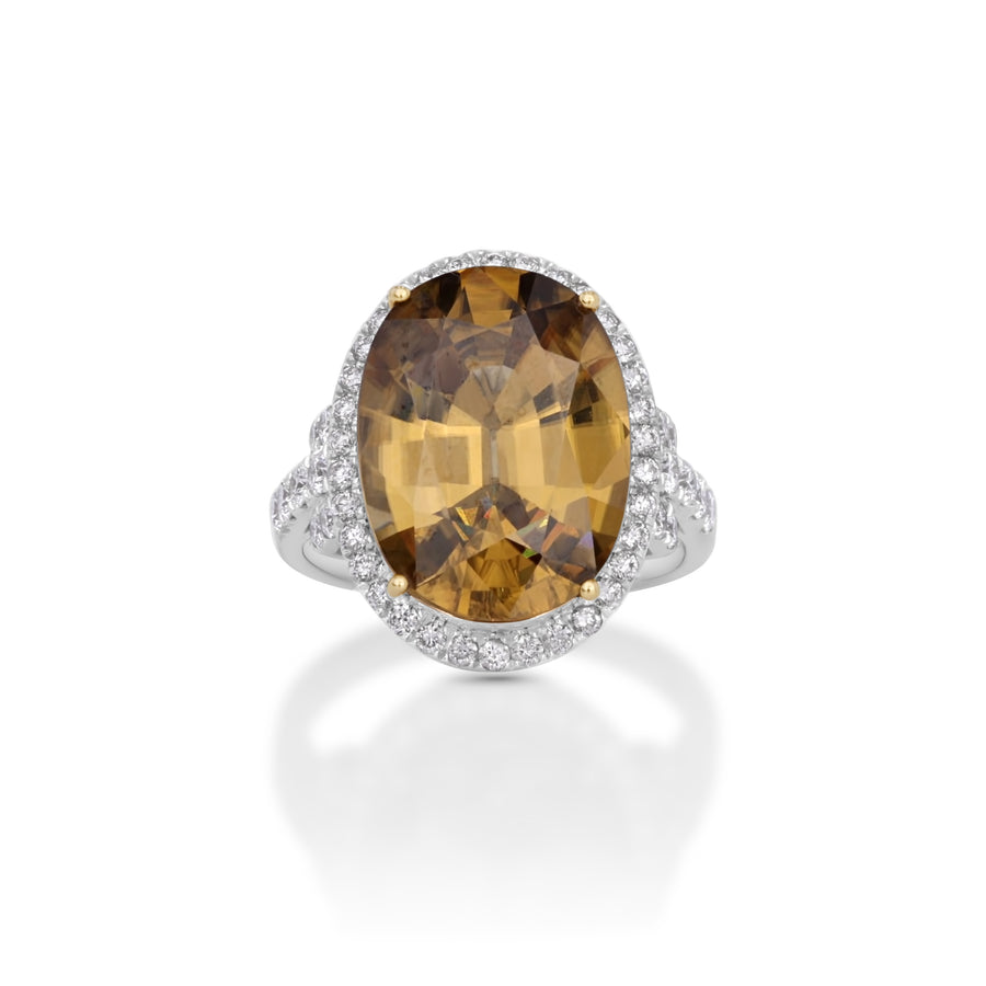 15.43 Cts Yellow Zircon and White Diamond Ring in 14K Two Tone