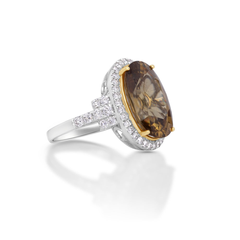 15.43 Cts Yellow Zircon and White Diamond Ring in 14K Two Tone