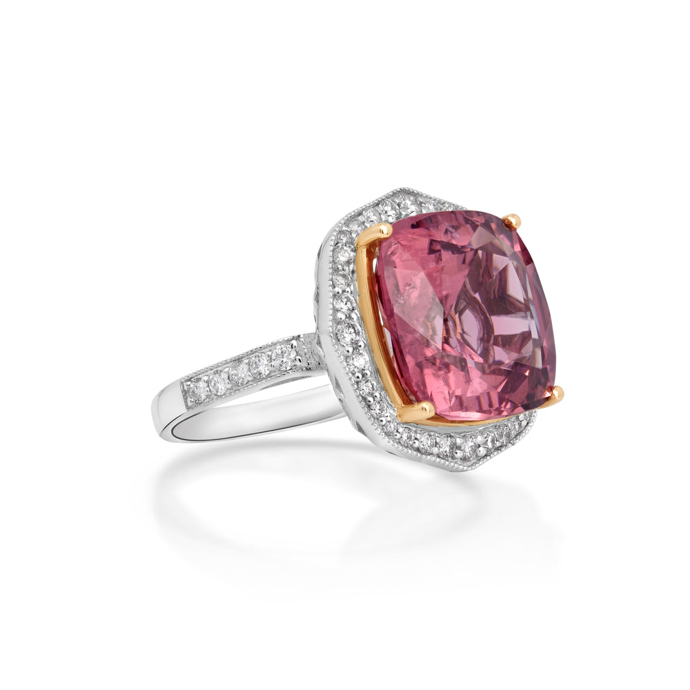 11.16 Cts Rose Tourmaline and White Diamond Ring in 14K Two Tone