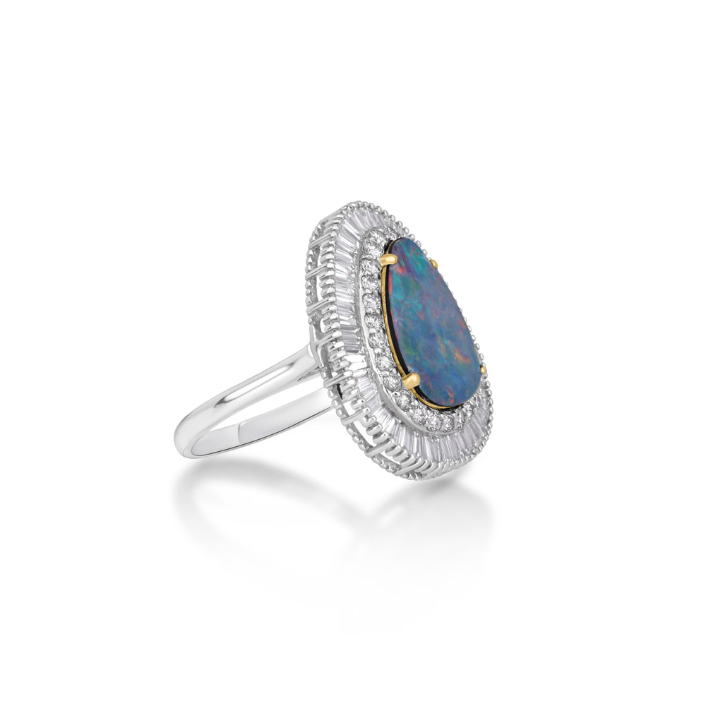 2.52 Cts Australian Opal Doublet and White Diamond Ring in 14K Two Tone