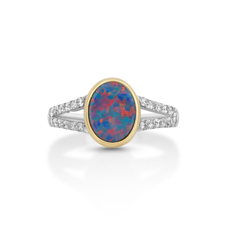1.33 Cts Austrlian Opal Doublet and White Diamond Ring in 14K Two Tone