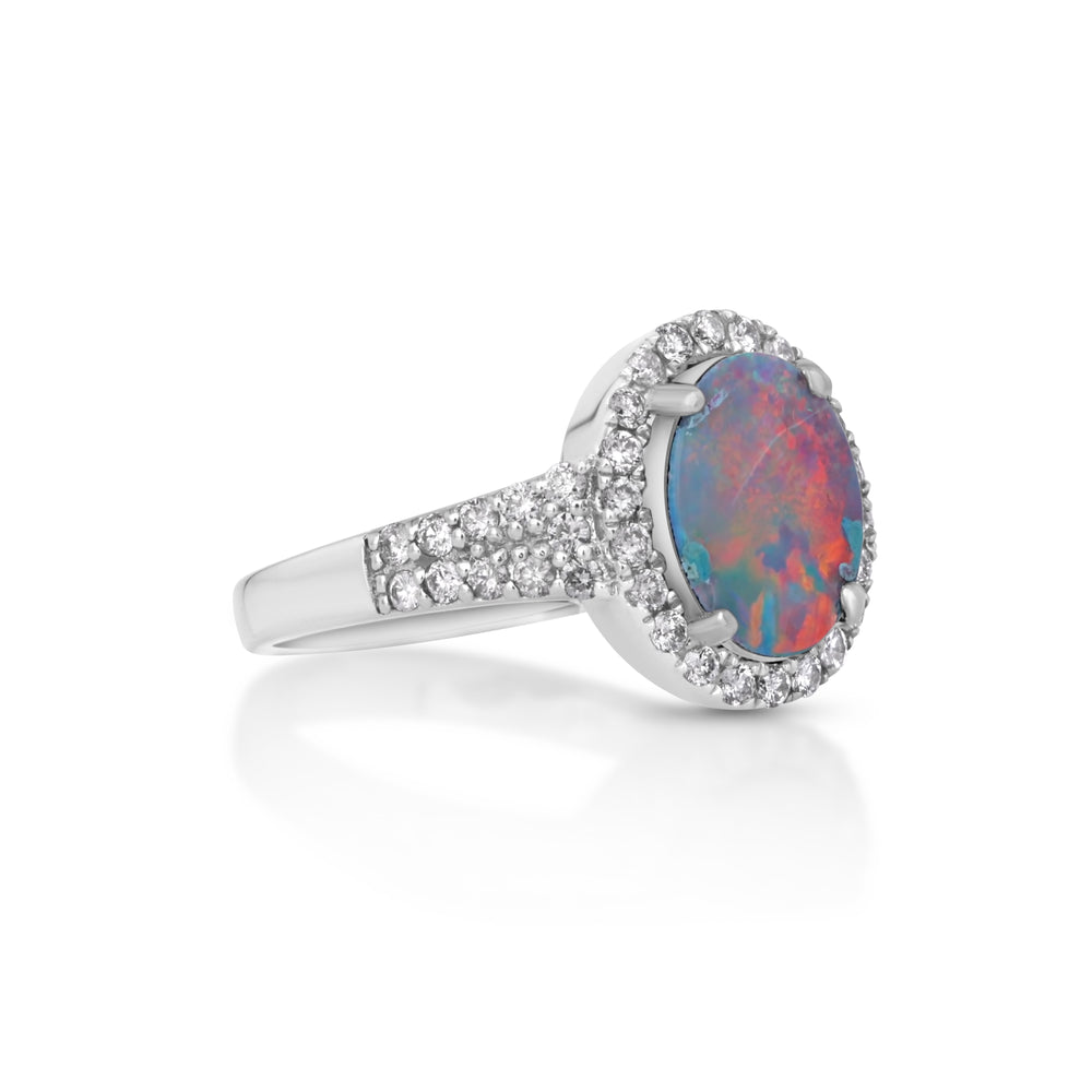 1.82 Cts Australian Opal Doublet and White Diamond Ring in 14K White Gold