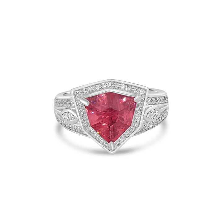 2.98 Cts Rhodochrosite and White Diamond Ring in 14K White Gold