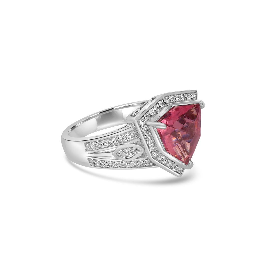 2.98 Cts Rhodochrosite and White Diamond Ring in 14K White Gold