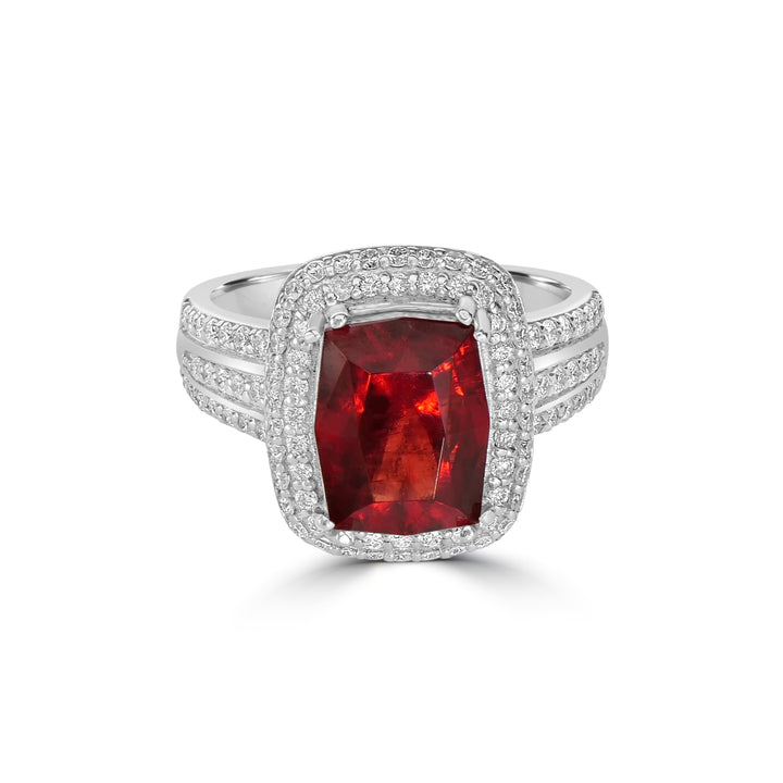 6.25 Cts Rhodochrosite and White Diamond Ring in 14K White Gold