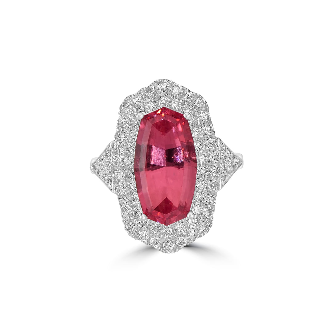 6.20 Cts Rhodochrosite and White Diamond Ring in 14K White Gold