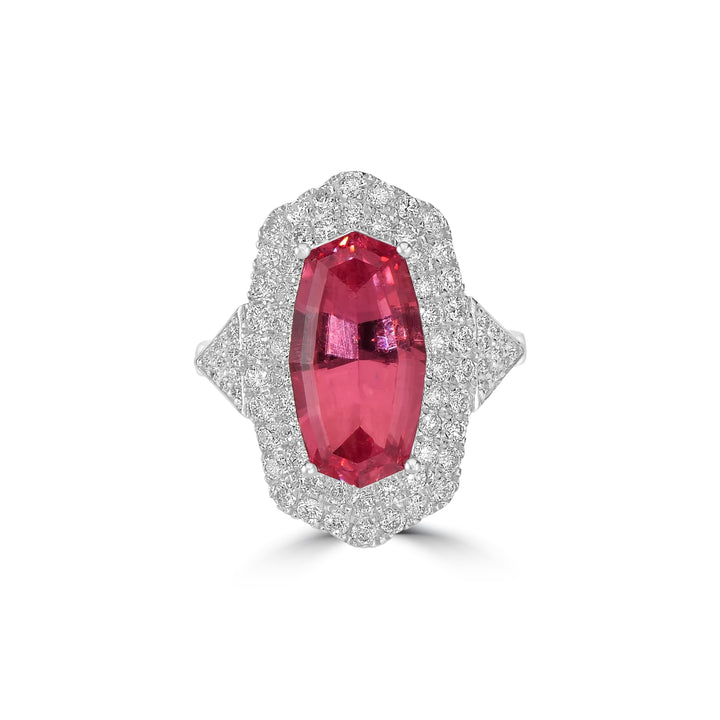 6.20 Cts Rhodochrosite and White Diamond Ring in 14K White Gold