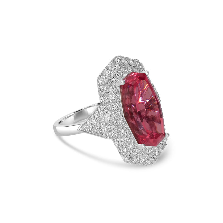 6.20 Cts Rhodochrosite and White Diamond Ring in 14K White Gold