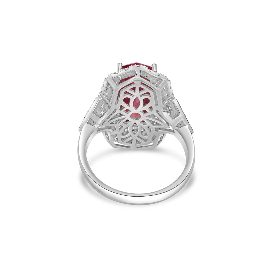 6.20 Cts Rhodochrosite and White Diamond Ring in 14K White Gold