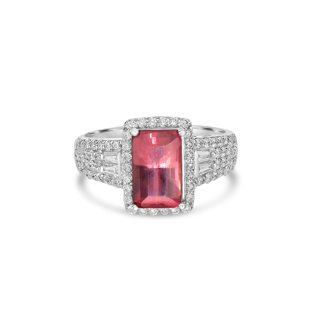 2.48 Cts Rhodochrosite and White Diamond Ring in 14K White Gold