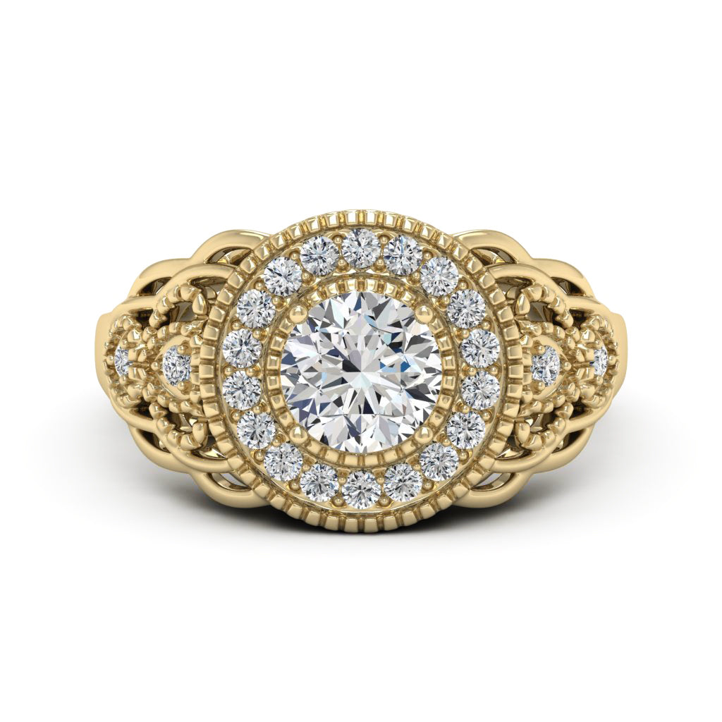 1.00 DEW Round White Moissanite Ring in 14K Yellow Gold