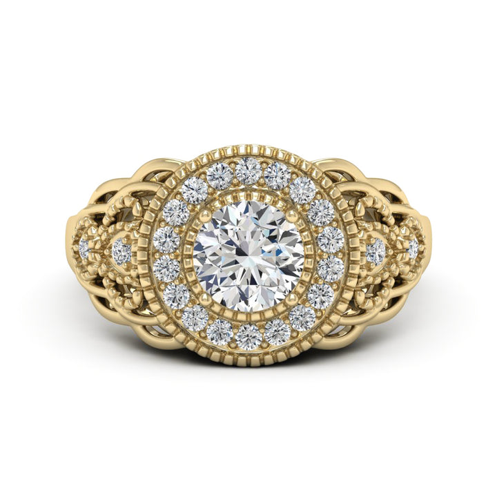 1.00 DEW Round White Moissanite Ring in 14K Yellow Gold