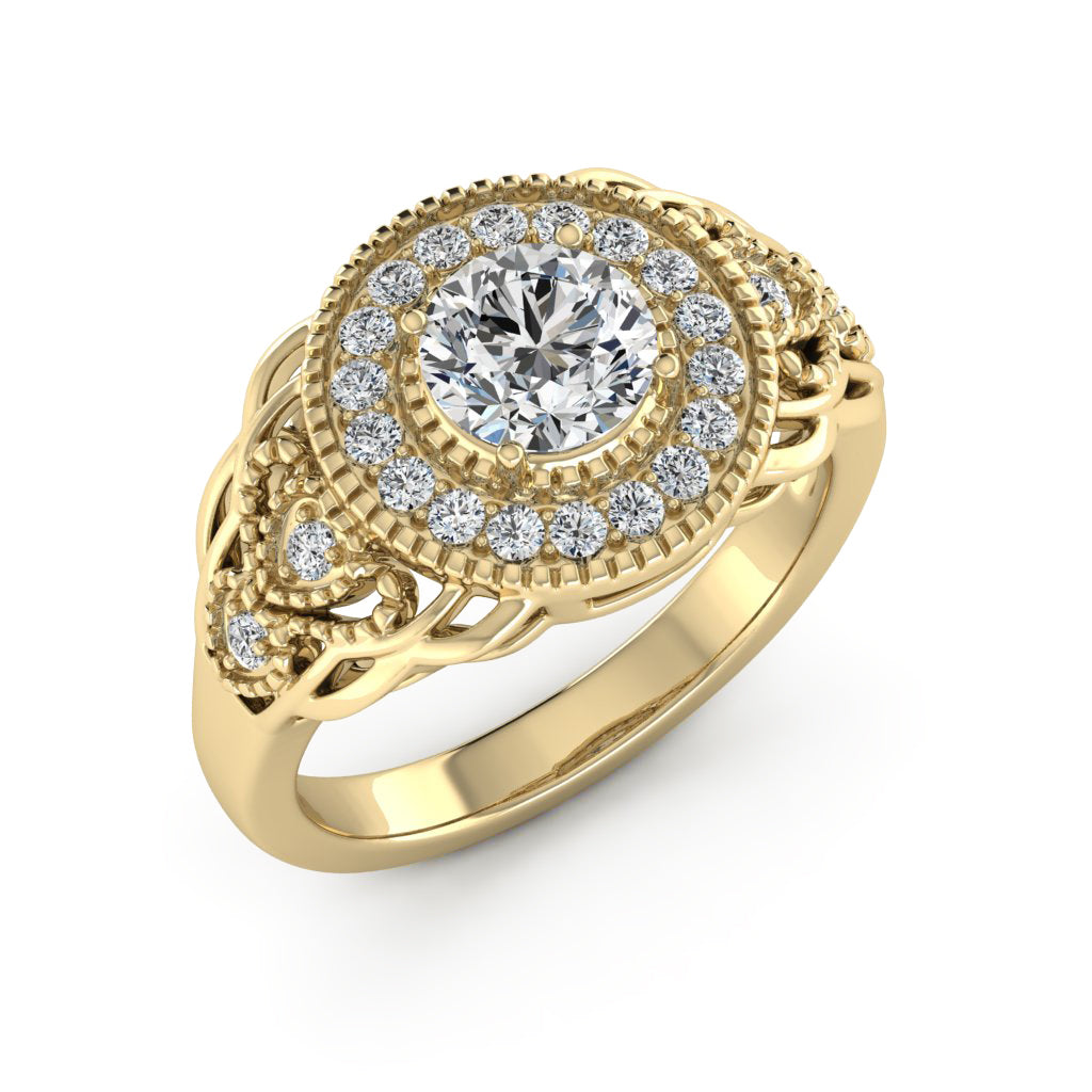 1.00 DEW Round White Moissanite Ring in 14K Yellow Gold