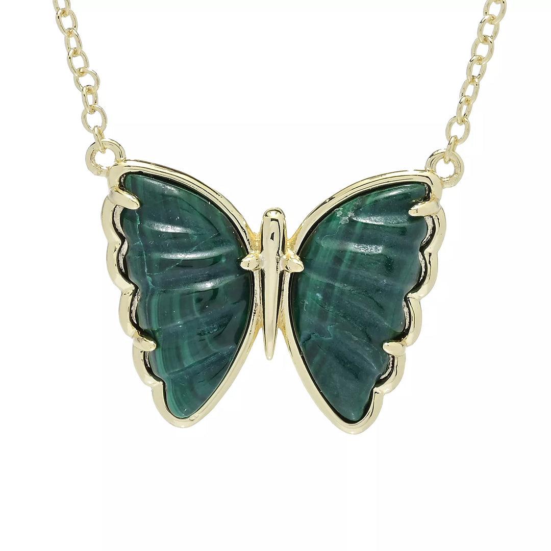 Carved Malachite Butterfly Necklace in 18K Gold Plated Brass