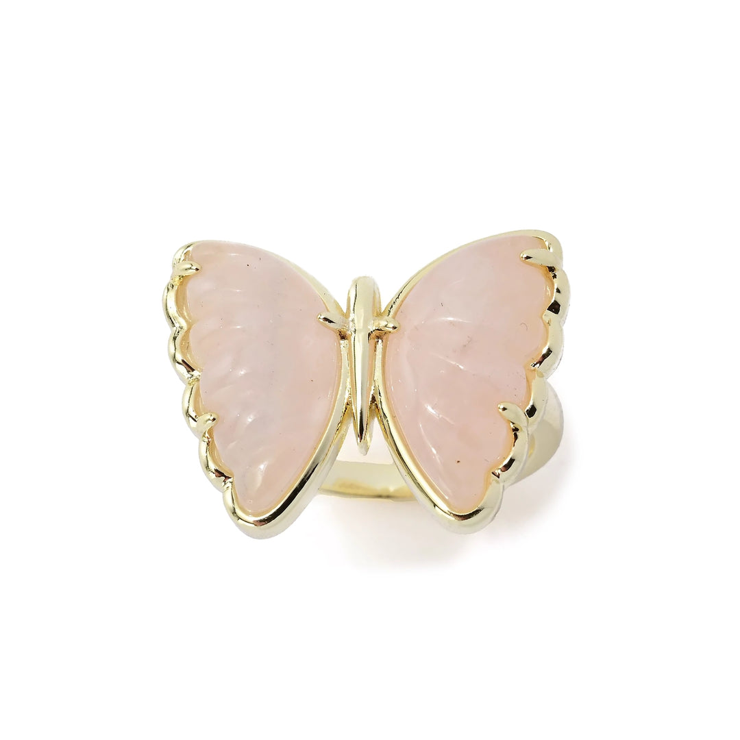 Carved Rose Quartz Butterfly Ring in 18K Gold Plated Brass