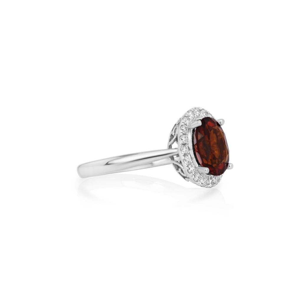 1.25 Cts Sunset Spessartite and White Diamond Ring in 14K White Gold