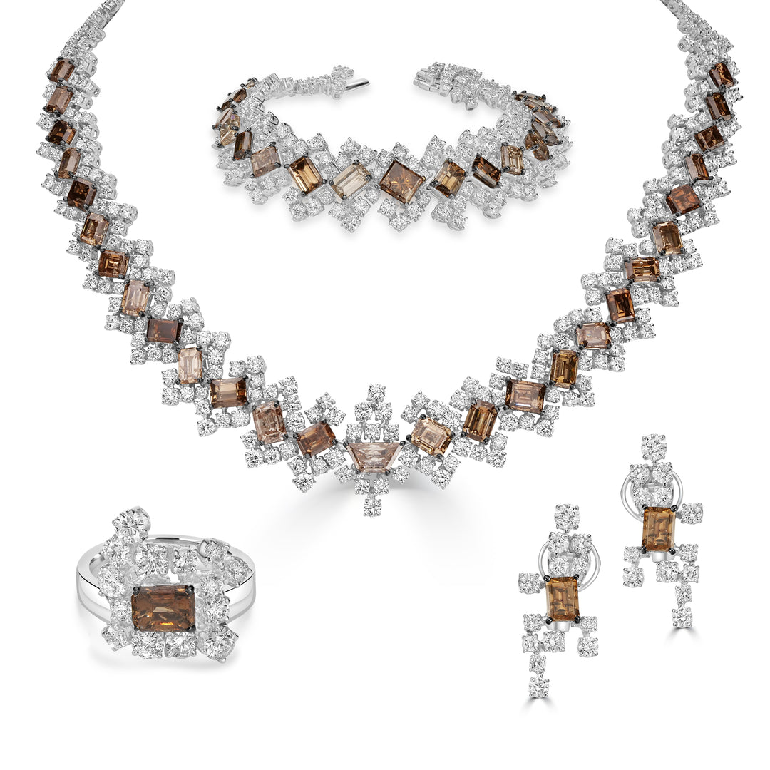 92.88 Cts Chocolate and White Diamond Jewelry Set in 18K Gold