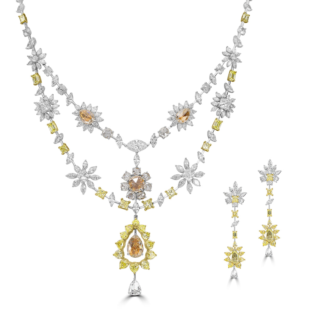 64.60 Cts Multi Color Diamond Vintage Necklace and Earring Set in 18K Two Tone Gold