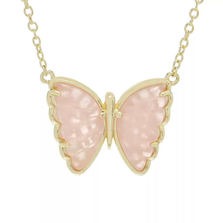 Carved Rose Quartz Butterfly Necklace in 18K Gold Plated Brass