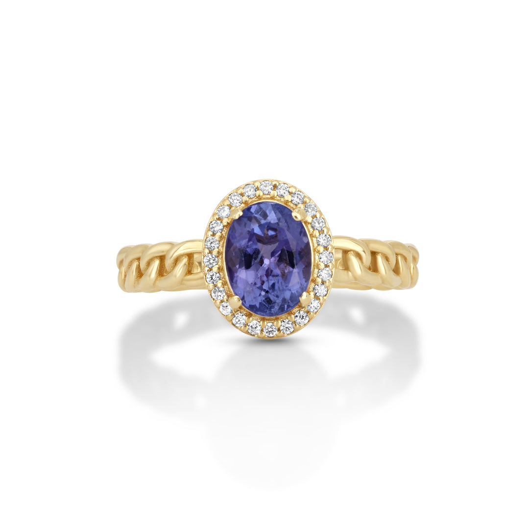 1.40 Cts Tanzanite and White Diamond Ring in 14K Yellow Gold